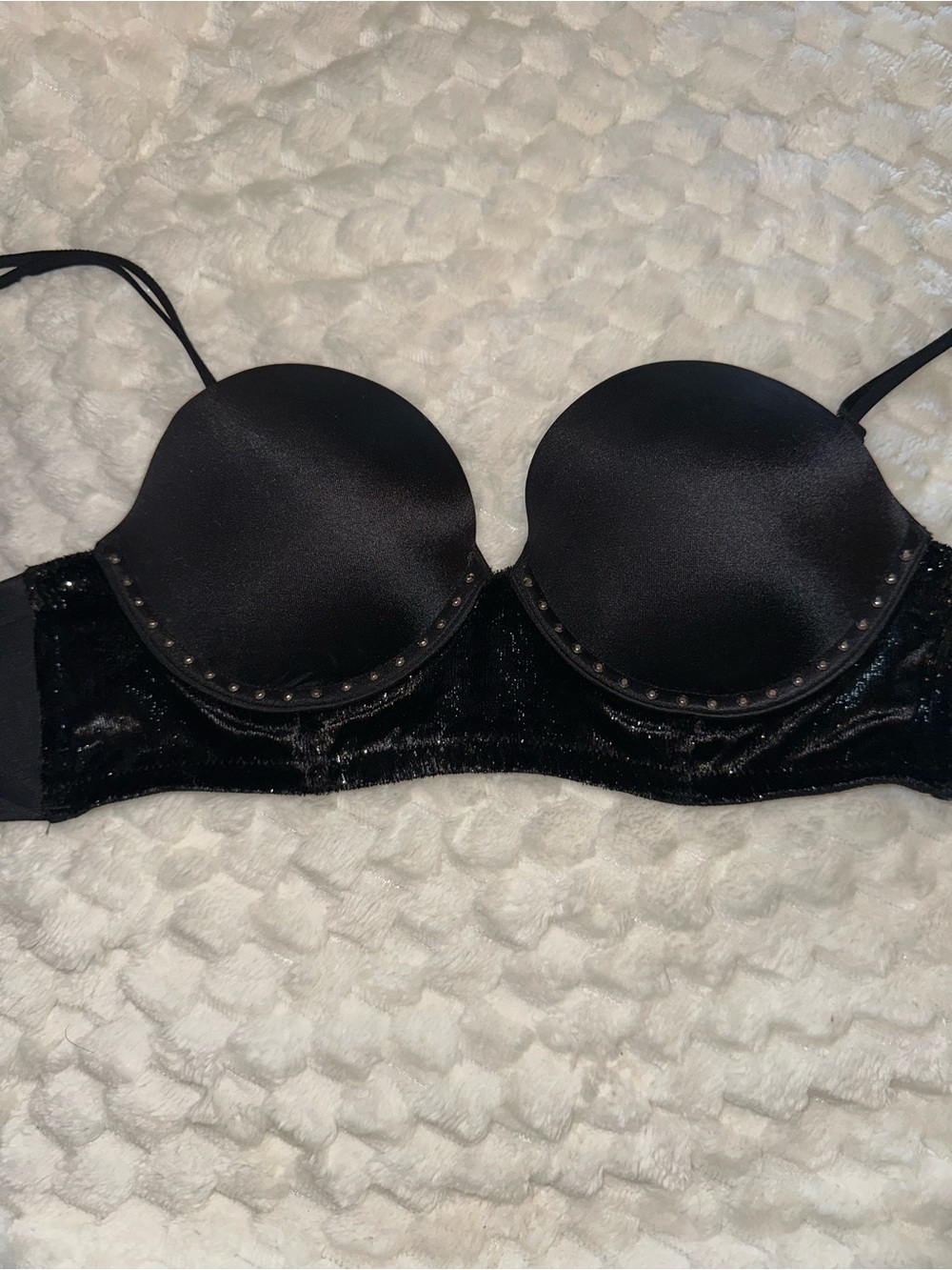 Victoria's Secret Black Velvet Padded Strapless Bra with Stud Accents